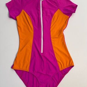 Next by Athena  Pink /Orange Short Sleeve Zip Up one piece Swimsuit  Large‎